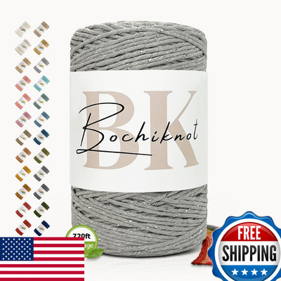 BOCHIKNOT Metallic Macrame Cord - 4mm x 240yds, Single Strand for Wall Hangings