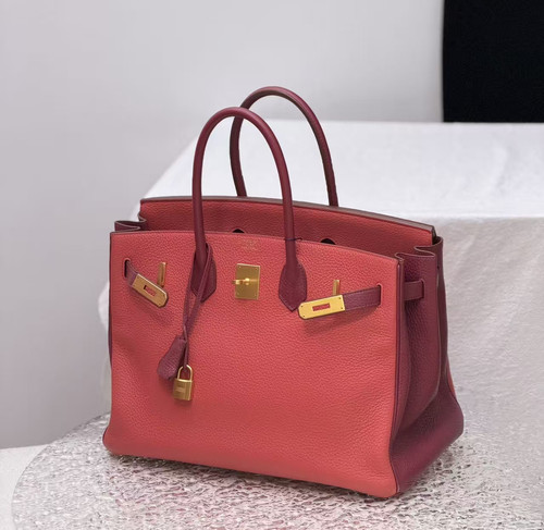 AUTH Hermès Birkin 35 Rose Jaipur&Rouge Rubis Leather Gold Hardware Handle Bag