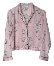 FOREVER 21 PAJAMA TOP ladies size M pink white cat print silky satin long sleeve
