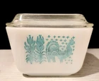 Pyrex Refrigerator Dish Turquoise on White Butterprint 501-B - Lid 501-C Vintage