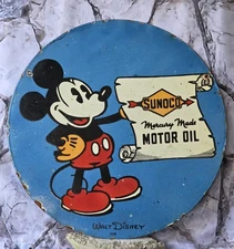 HUGE VINTAGE 1936 SUNOCO MICKEY MOUSE DOUBLE SIDED PORCELAIN SIGN 24" VERY HEAVY