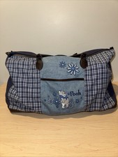 Disney Winnie the Pooh Vintage Denim Duffle Bag Plaid Patchwork Travel Tote Blue