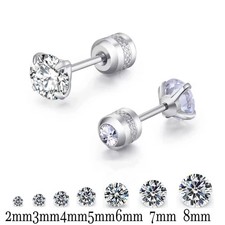 Stainless Steel CZ Stud Earrings Women Round Titanium Screwback Jewelry.
