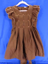 VTG Brown PLEATED FRONT DRESS Apron Pinafore Style Ruffles COTTAGECORE sz 6X