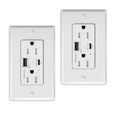 USB C Wall Outlet 6.5A Quick Charge for iPad Tablet Duplex 15AMP Receptacle 2Pac