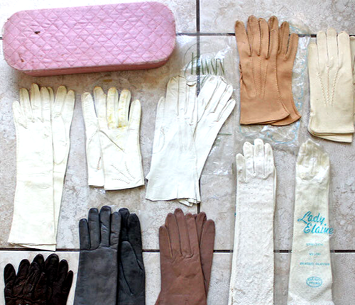 Vintage 10 Pair GLOVES + GLOVE BOX Leather Long Slv Beaded Cloth Formal Evening
