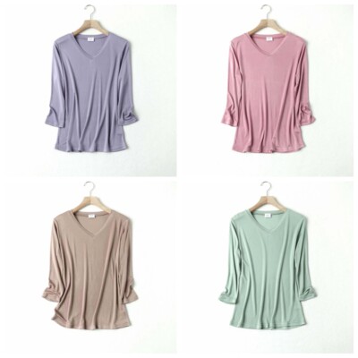 Women 100% Mulberry Silk T Shirts 3/4 Sleeve Underwear Lightweight Tops Shirt