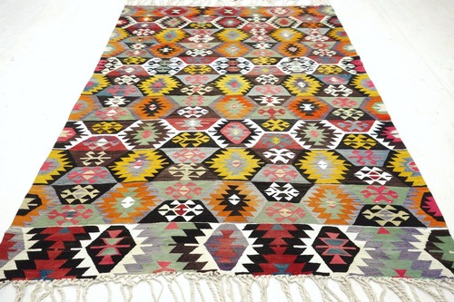 Anatolia Turkish Kilim, Star Designed Rug, Yellow Color Rug Wool Carpet 76"x106"