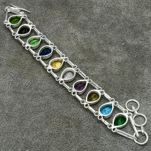 Multi Stone Gemstone 925 Sterling Silver Handmade Jewelry Bracelet 7-8" - Picture 6 of 8