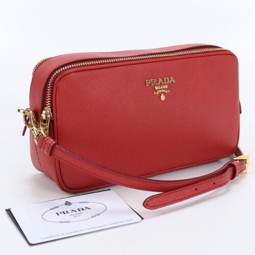 PRADA Mini Shoulder Bag Saffiano Leather Canvas 1NF002 Red Gold Zip Used F/S - 第 1/11 張圖片