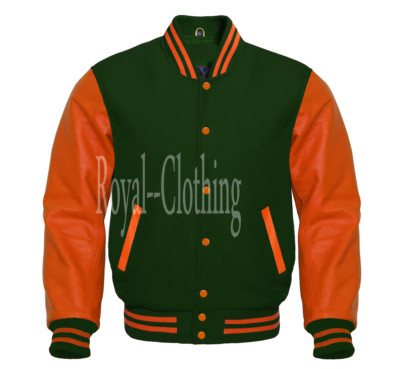 Letterman Varsity F.Green Wool and Genine Orange Leather Sleeves Jacket S~7XL