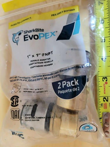 2-Pack) 1" SharkBite Female Adapter Brass Push-Fit x Female NPT K094WP2 EvoPEX
