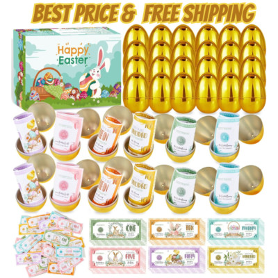 24 Pack Golden Easter Eggs with Toys, Prefilled Easter Eggs with Easter Money Fr