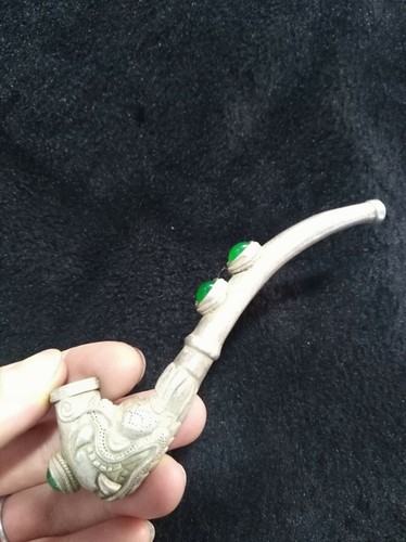 Colección Antigua Exquisita Jade Plata Tibetana Cabeza de Dragón Pipa Herramienta de Humo Estatua - Imagen 2 de 10