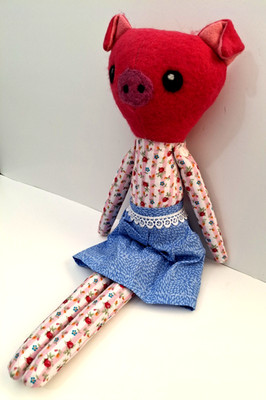 Handmade Pig Rag Doll Felted Head 18in Tall Fabric Body Blue Skirt Folk Art OOAK