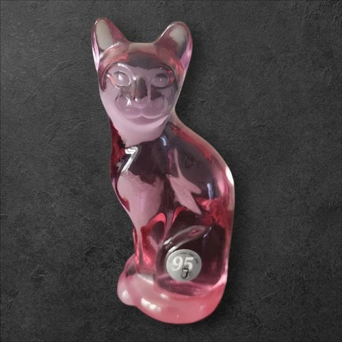 Fenton Stylized Cat 5" Pink Rose Glass Figurine Etched Marked Art Glass