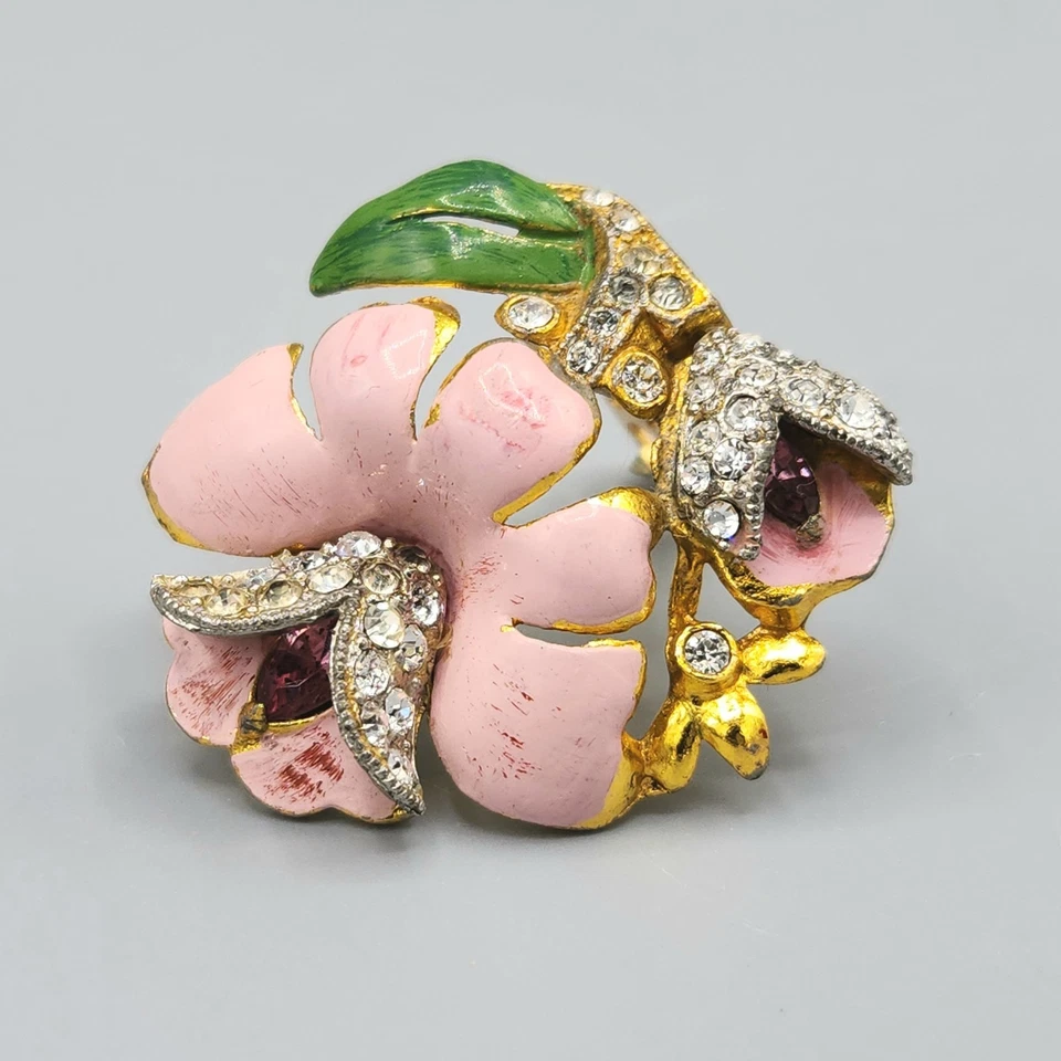 Raro 1930 Coro Adolph Katz Rosa Verde Esmalte Cristal Camelia Flor Vestido Clip Foto 4 de 4