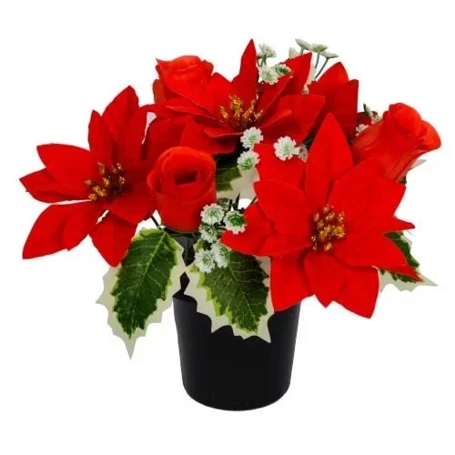 Memorial Pot With Artificial Red Poinsettia Holly and Roses Xmas Cemetery Pot