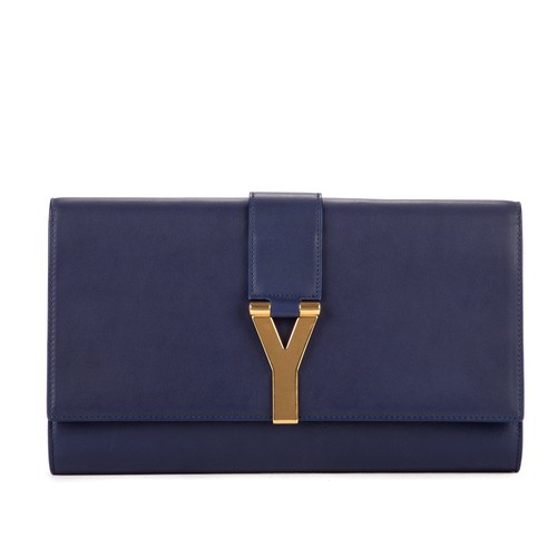 YVES Saint Laurent Classic Line Y Clutch Bag Navy Smooth Leather
