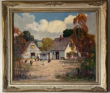 ANDREW DOBOS ANTIQUE FARM HOUSE LANDSCAPE OIL PAINTING OLD VINTAGE ANIMALS 1940s