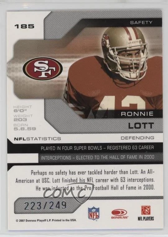 2007 Leaf Limited /249 Ronnie Lott #185 HOF - Image 2 of 2
