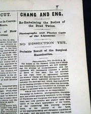 SIAMESE TWINS Chang and Eng Bunker Death Conjoined Twins DEATH 1874 Newspaper