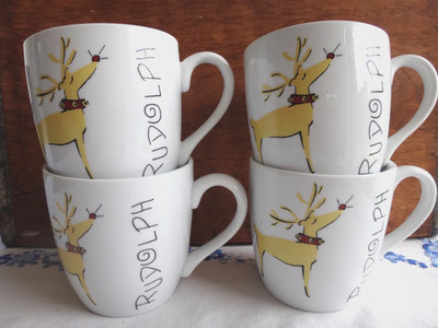 4~Pottery Barn Rudolph Reindeer 16 Oz. Coffee/Tea/Cocoa Mugs