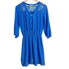 Gianni Bini Lace Trim Button Front Mini Dress Cobalt Blue Medium Feminine