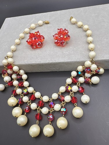 Vintage Red Crystal With Faux Pearl Full Necklace & Earrings Set - Afbeelding 4 van 5