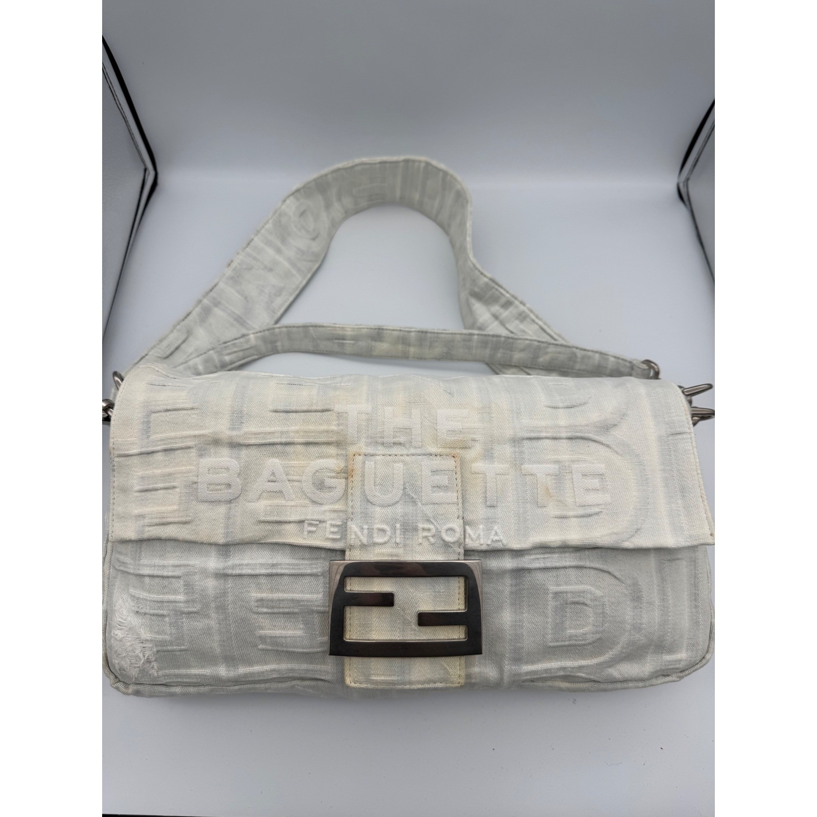 Fendi by Marc Jacobs Limited Maxi Baguette White Denim bleached bag spots