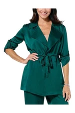 Nina Leonard Women's Hammered Satin Drawstring Waist Jacket Emerald
