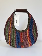 Staud Moon Raffia Striped Brown Leather Trim Shoulder Round Bag