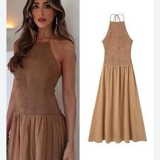 ZARA NEW WOMAN MIDI FLOWING HALTER DRESS BROWN Size S 3093/796