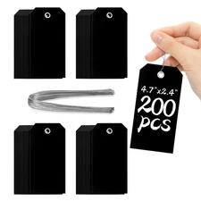 200 PCS Black Hang Tags with String Attached, 4 3/4 x 2 3/8, Heavy Duty