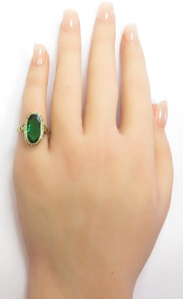Antique 1920's Green Stone 13KY Gold Ring Size 6 UK-L1/2 5.33 CT Art Deco - Image 2 of 4