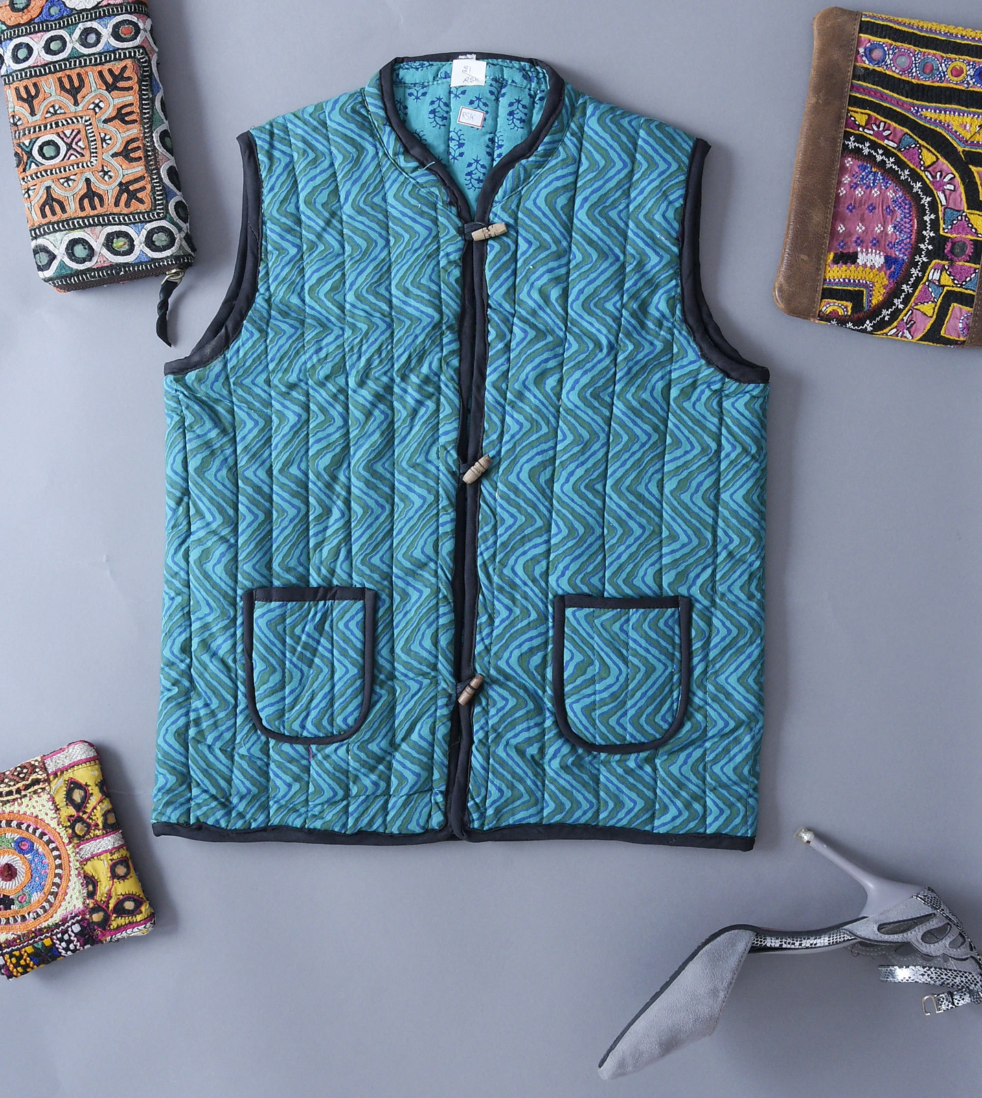 Indian Cotton Unisex Children Blazer Reversible Turquoise Jacket Decorative Coat