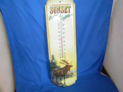 Vintage Sunset Lodge And Outfitters Maine Advertising  Metal Thermometer 17 1/4 