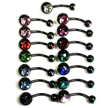 V140 Black Steel Belly Naval Ring Piercing Barbell Crystal Double Gem Light Dark