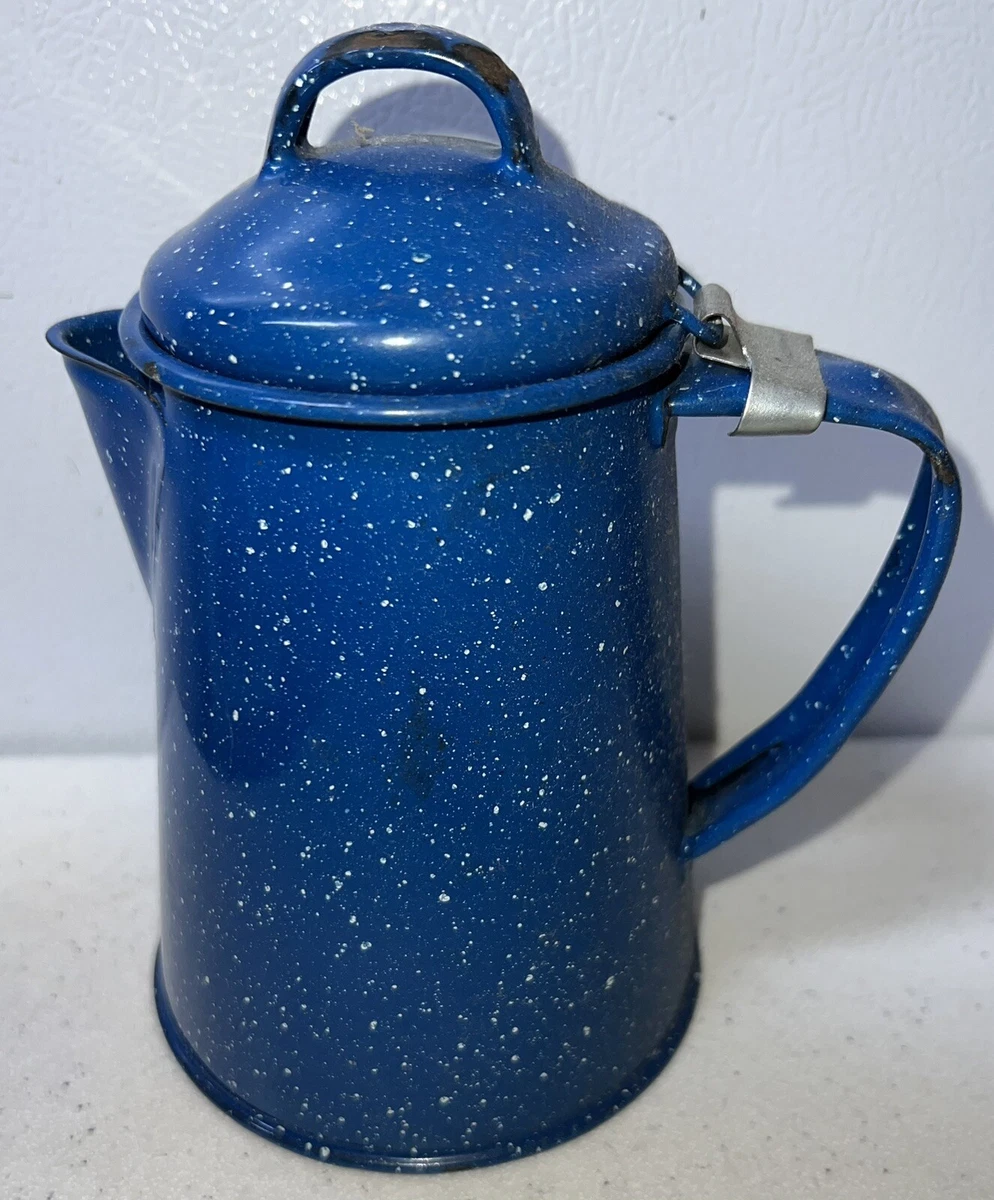 Vintage Blue Enamel Coffee Pot 6” Tall Collectible Enamelware Speckled