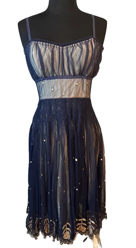 Anthropologie Odille Women Mesh Corset Dress Embroidered Blue Size 4