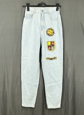 VTG DON'T STOP Light Blue ACID WASHED Patches TAPERED LEG High-Rise Jeans 7/8