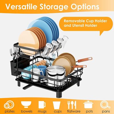 2-Tier Drying Dish Rack and Drain Board Set Utensil Holder Metal Kitchen Counter