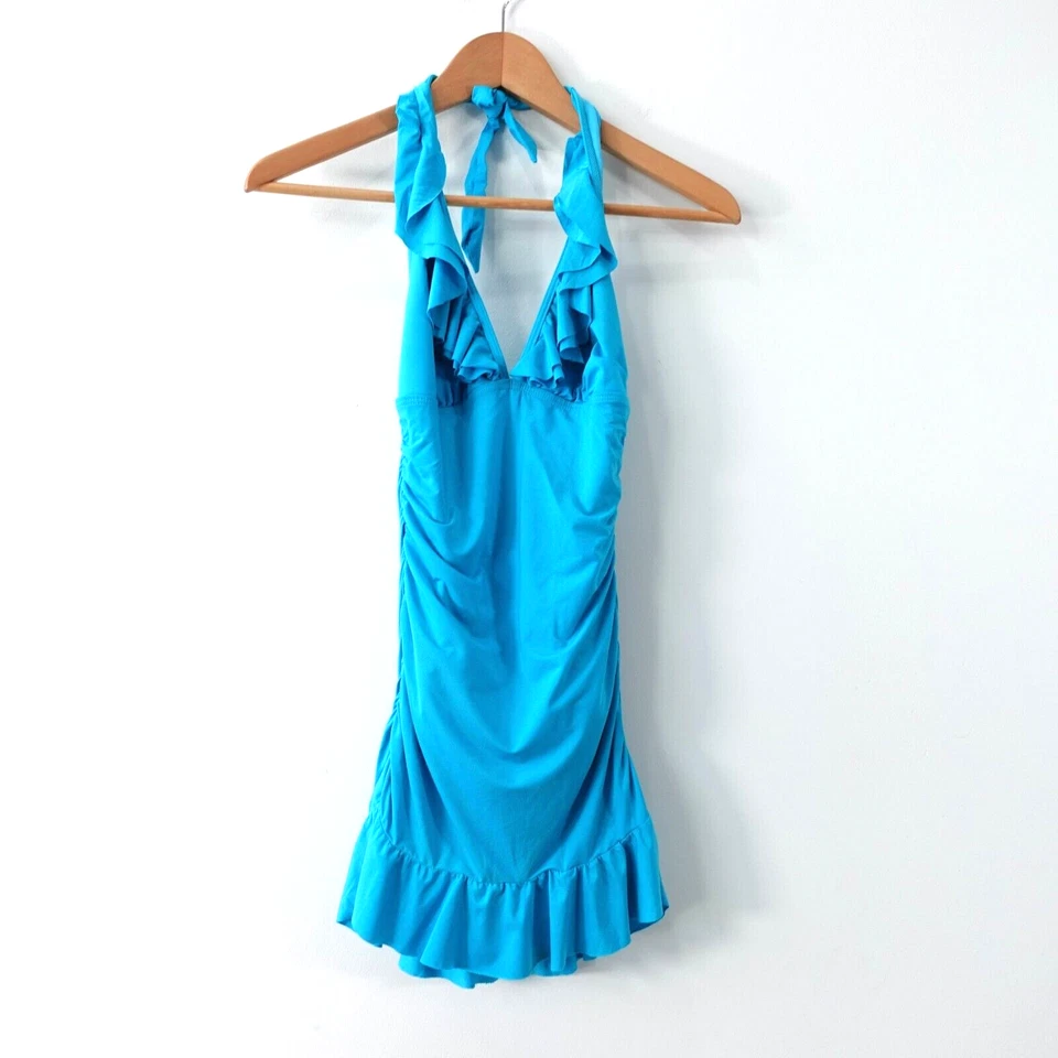 KENNETH COLE Swimsuit Small Skirted One Piece Ruched V Neck Open Back Ruffle - Image 2 of 4