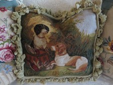 Vintage Aubusson style Hunting Dogs wBird Needlepoint Pillow w Petit Point NWOT