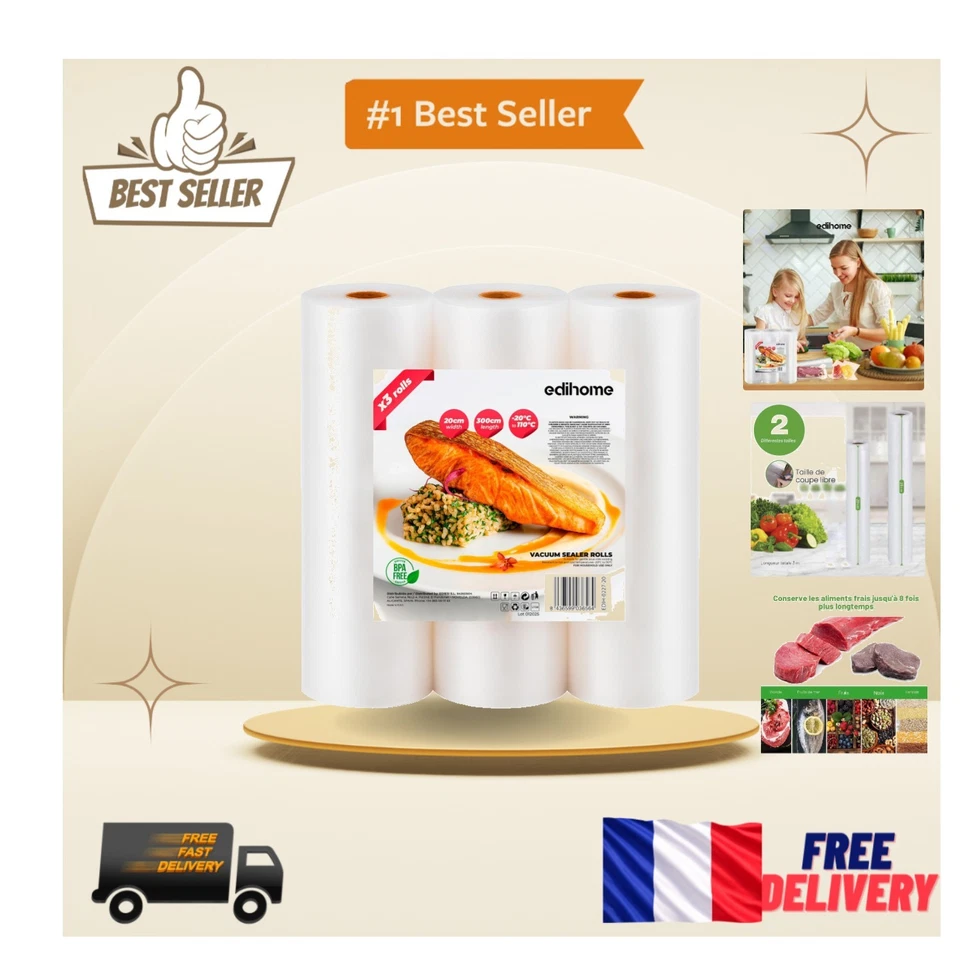 Edihome, Sacs Sous Vide Alimentaires 20x300cm, Lot de 3, Durabilité et Fraîcheur - Photo 1/4