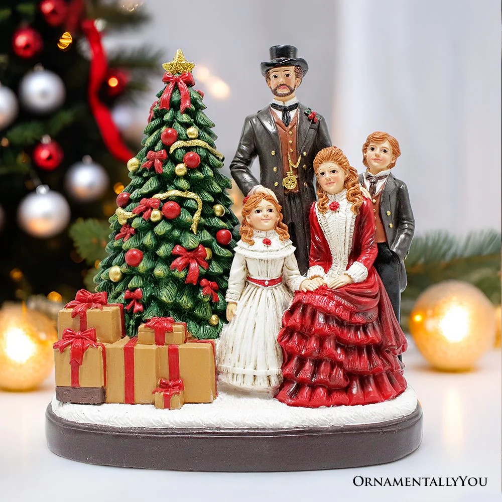 Elegant Victorian Christmas Family Figurine, 8" Vintage Holiday Tabletop Statue