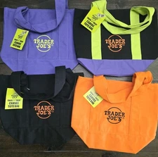 Trader Joe's MINI TOTE BAGS SET OF 4 Colorful Purple Green Canvas Bags Totes NWT