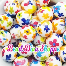 Set of 10 - 15mm - COLORFUL FLOWERS - Round Silicone Beads for Diy and Jewelry