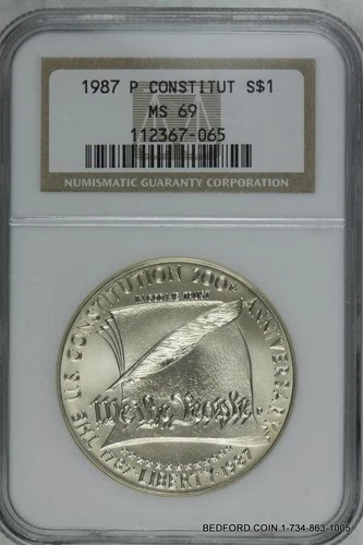 NGC MS69 1987-P CONSTITUTION COMMEMORATIVE SILVER DOLLAR $1 (BC65)
