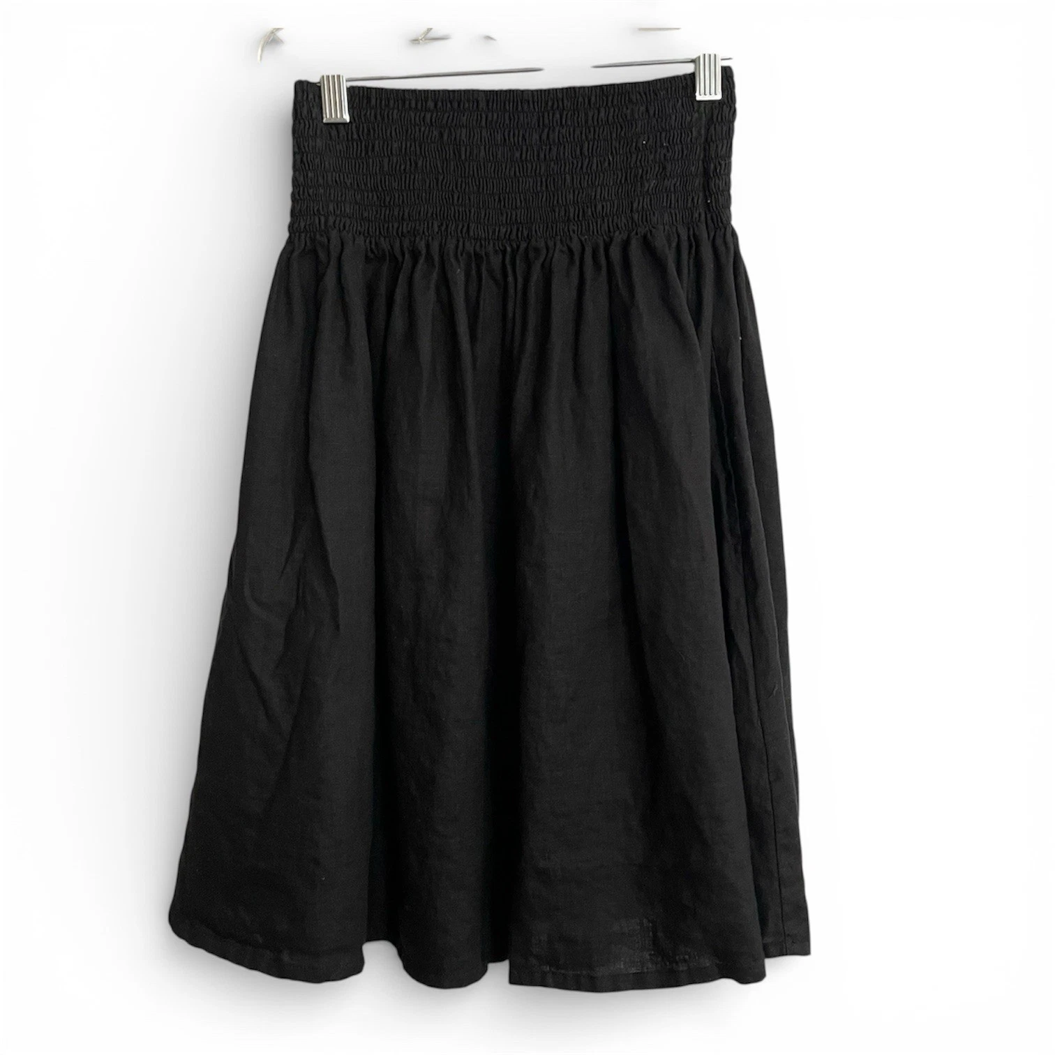 Linen Skirt Smocked Waist Size OS Black Pockets Indy Fashion Lagenlook Boho